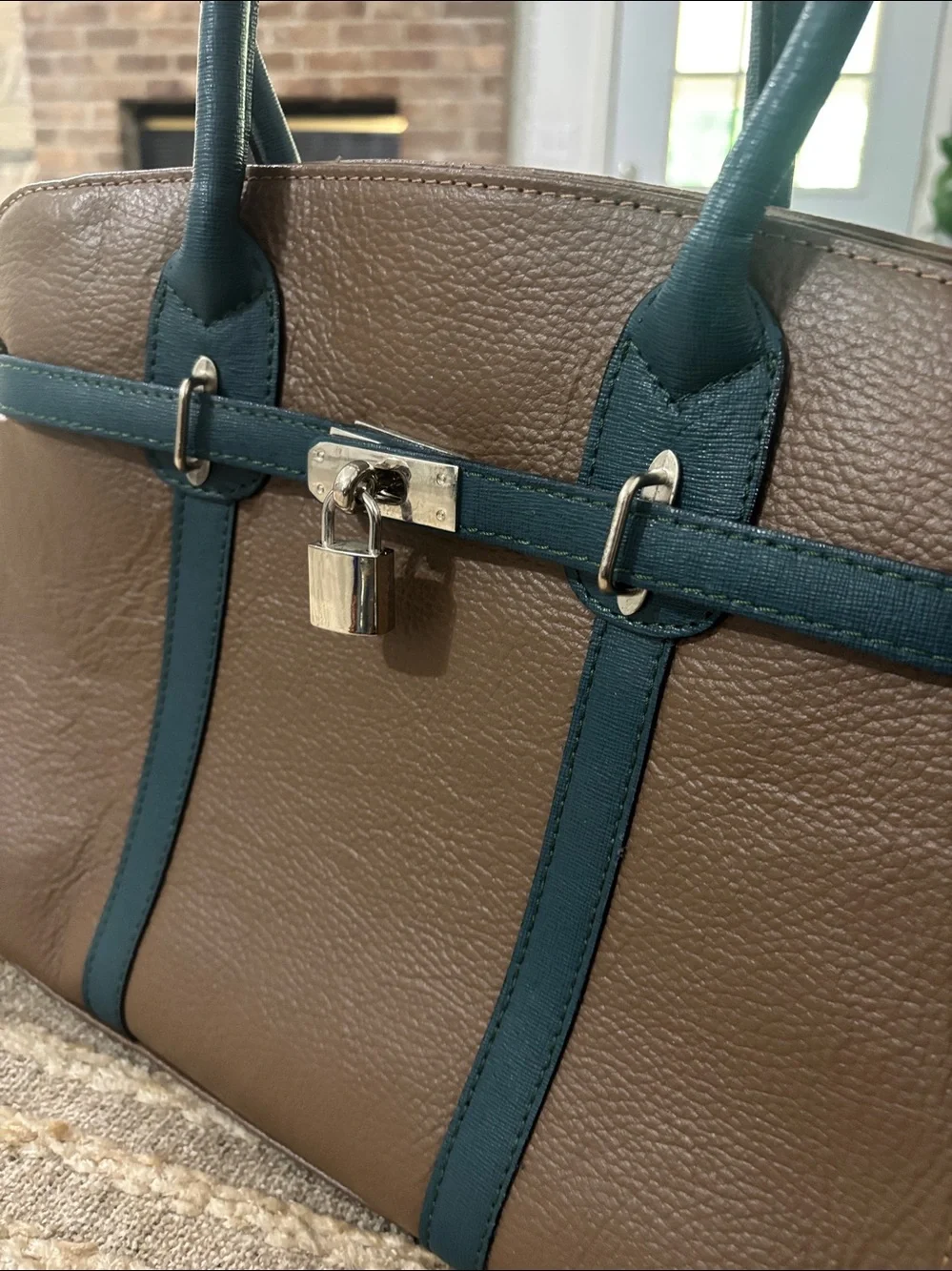 Vera Pelle Leather Satchel with Lock - Brown‎ & Green purse